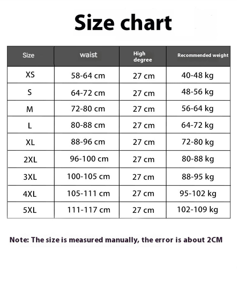 Size chart for waist compression corset, listing sizes and recommended weights