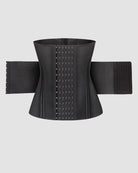 Black breathable compression corset with perforated mesh and front hook-eye closure