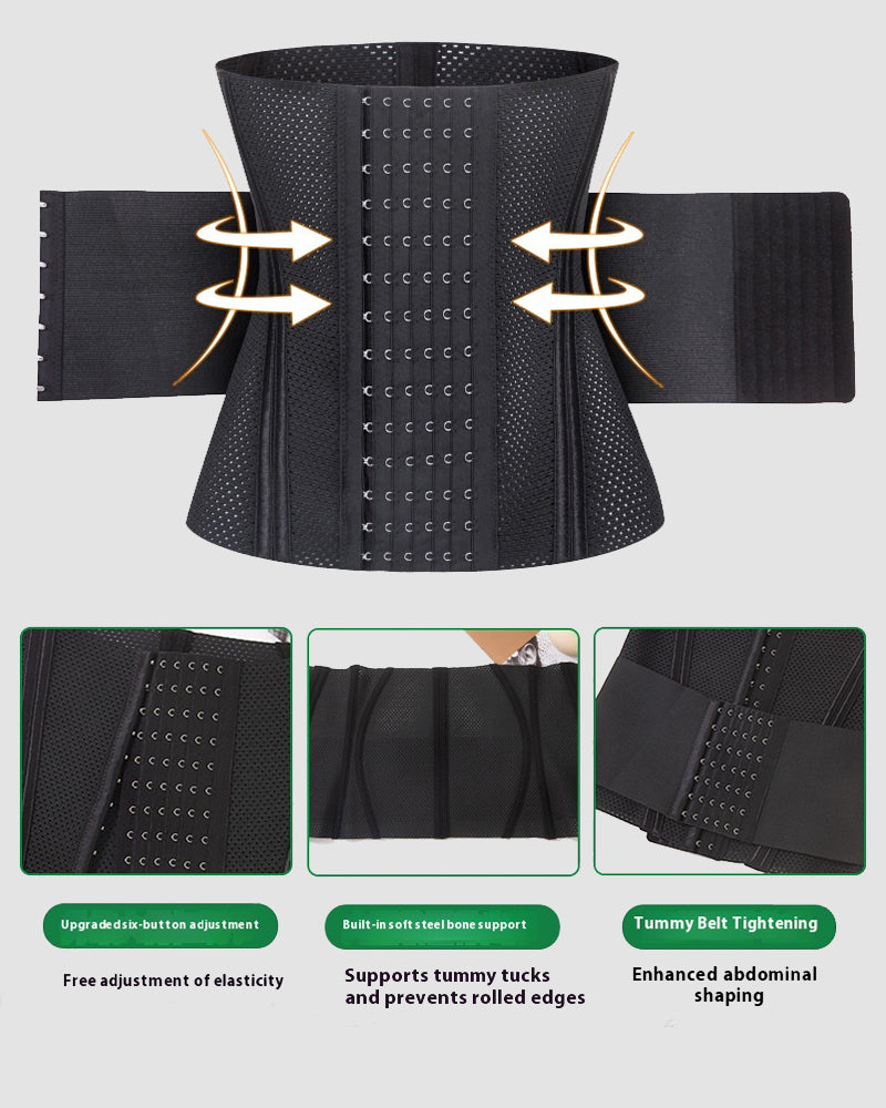 Black breathable corset with central eyelet rows and tightening side straps shown