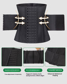 Black breathable corset with central eyelet rows and tightening side straps shown