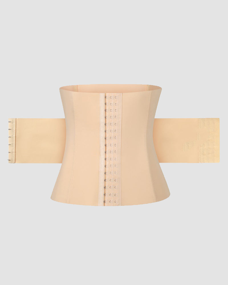 Apricot corset belt with front hook-and-eye closure and structured boning