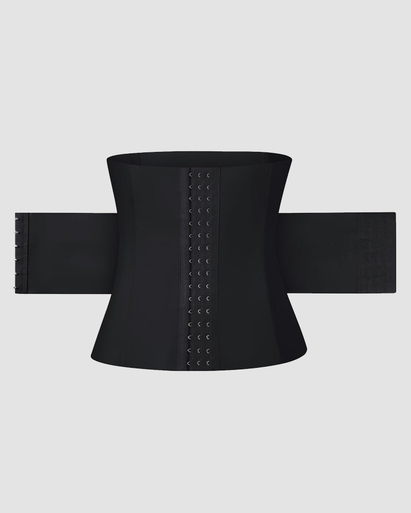 Black corset belt with front hook-and-eye closure and structured boning