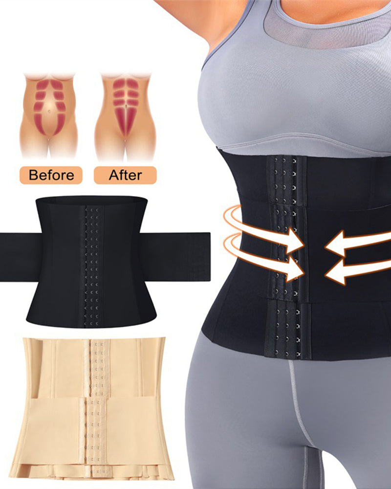 Corset belt with front hook-and-eye closure shown in black and apricot colors