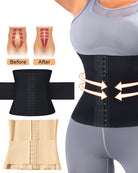 Corset belt with front hook-and-eye closure shown in black and apricot colors