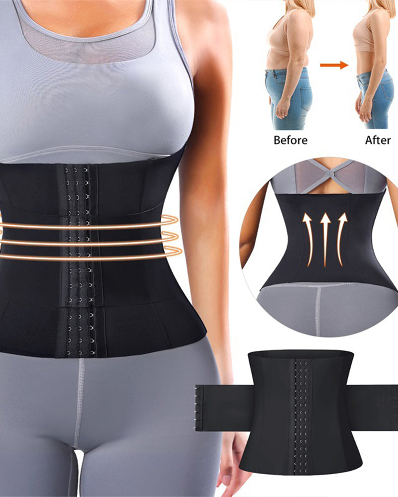 Black waist-cinching corset belt with front hook-and-eye closure