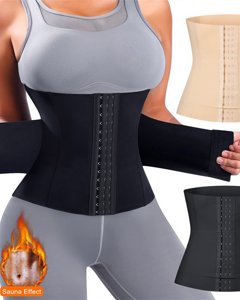 Black corset belt with front hook-and-eye closure worn over a gray workout outfit