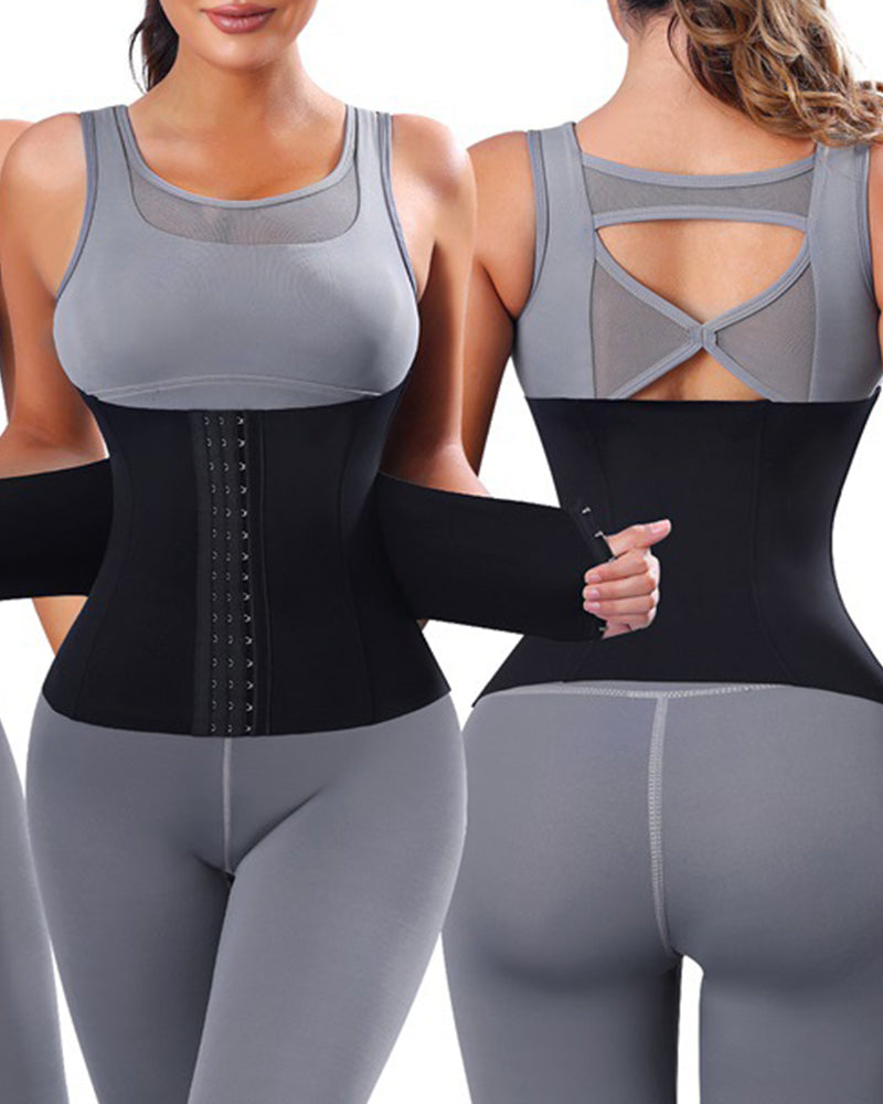 Black corset belt with front hook-and-eye closure worn by model with gray activewear