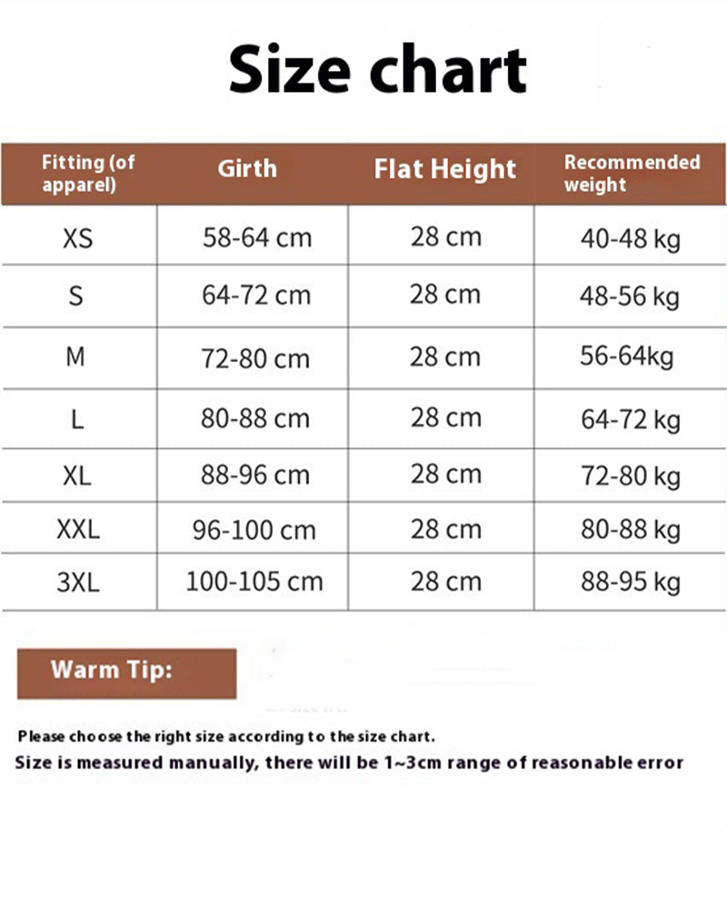 Size chart for corset belt with girth, height, and recommended weight