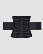 Black waist corset with front hook-and-eye rows and perforated mesh panels