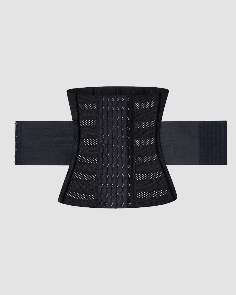 Black waist corset with front hook-and-eye rows and perforated mesh panels
