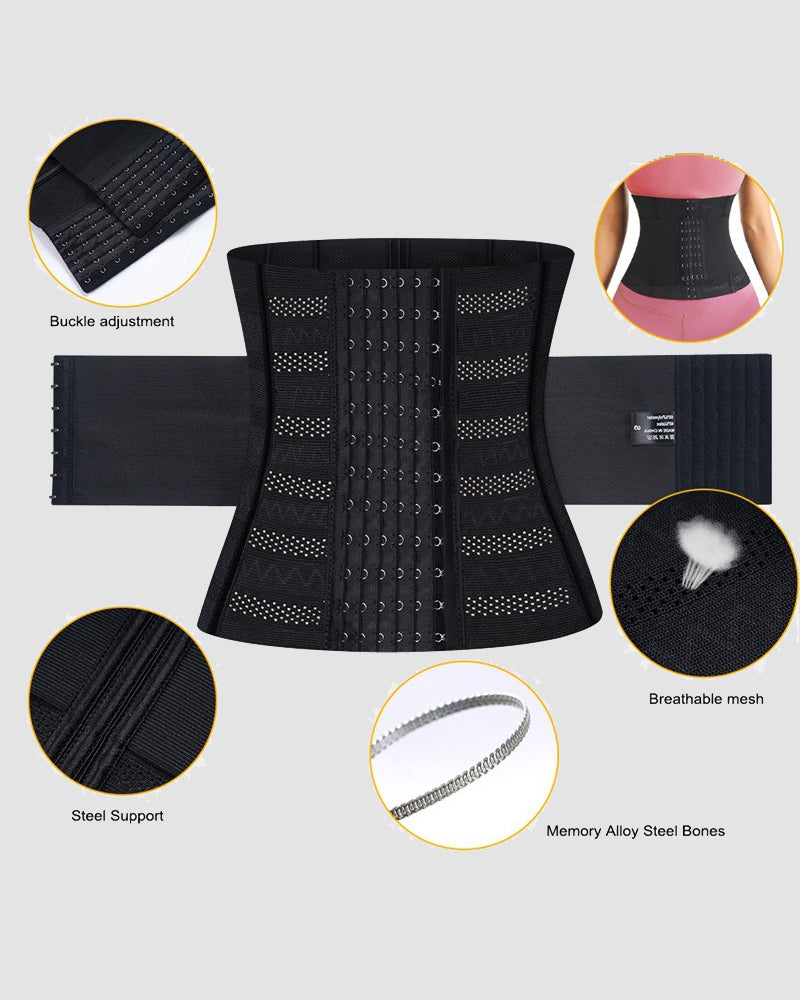 Black waist corset with hook-and-eye closure, perforated panels, and adjustable bands