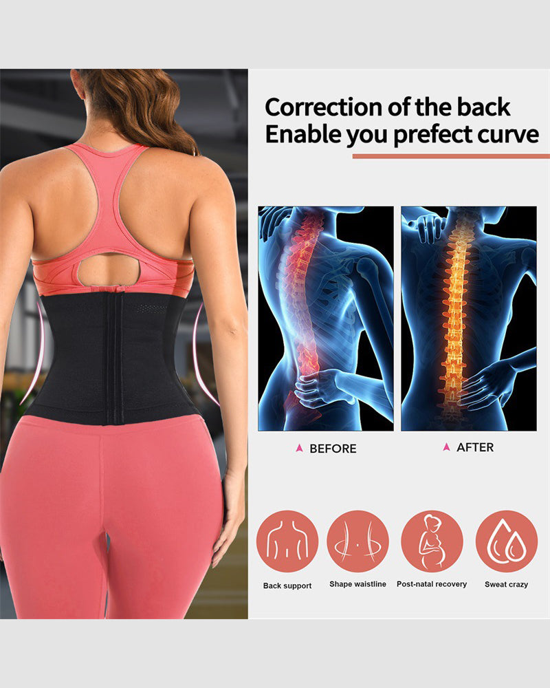 Black waist corset worn at the back over a pink sports bra
