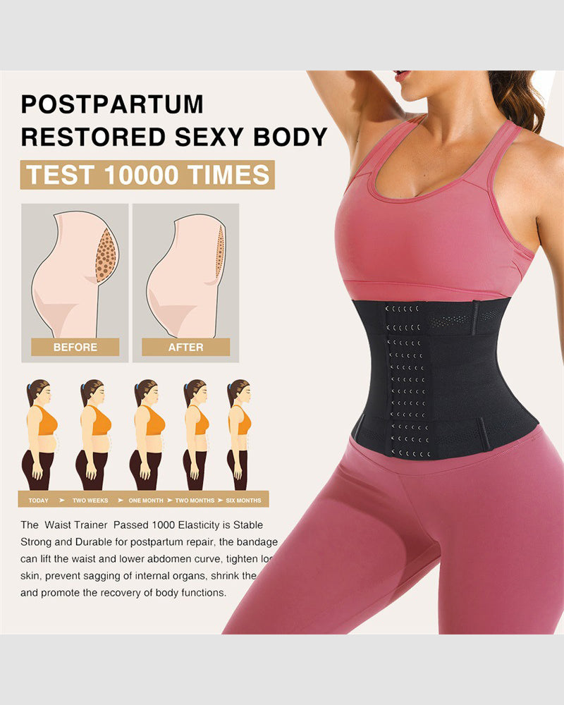Black waist corset worn under a pink tank top, with hook-and-eye closure