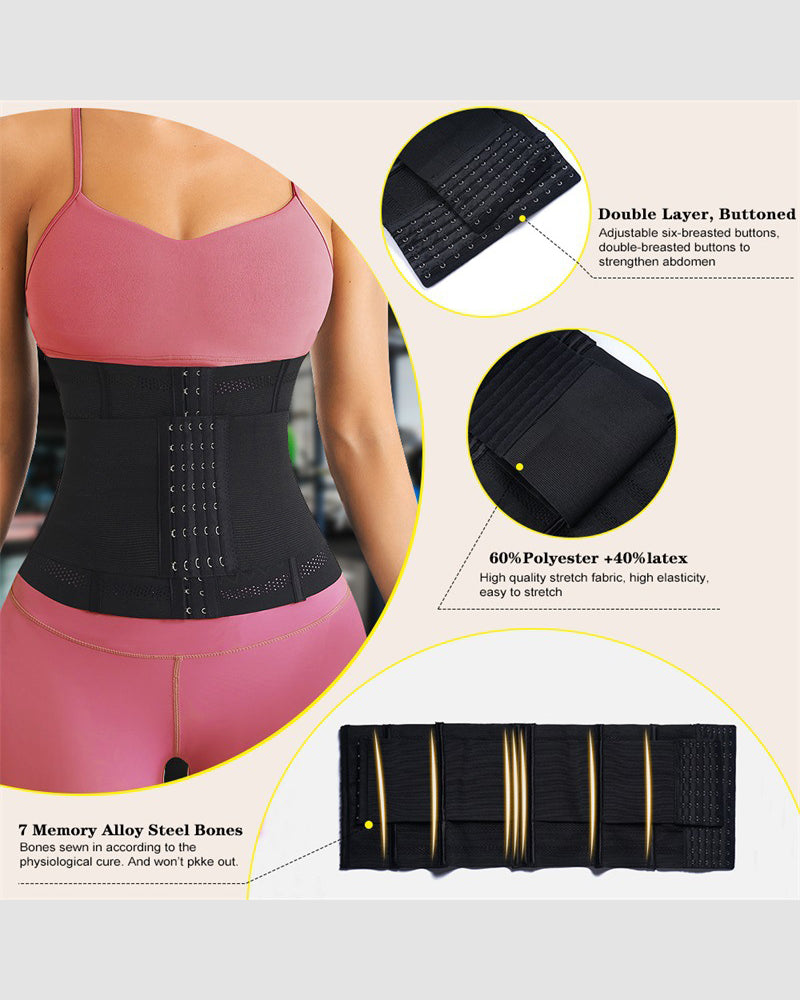 Black double-layer waist corset with hook-and-eye front and steel-bone support