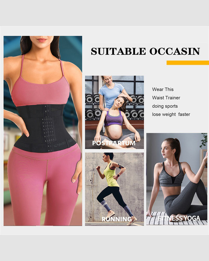 Black waist corset worn over a pink sports bra, contoured waist shaping