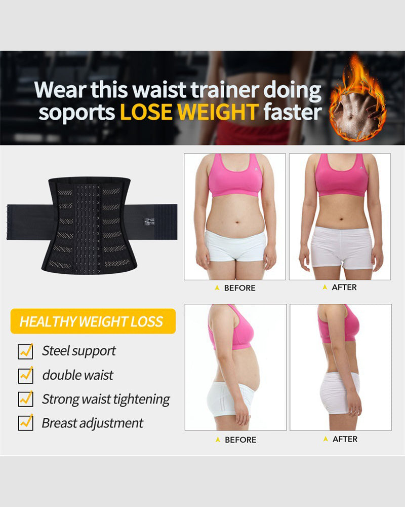 Black waist corset with front hook-and-eye closure and wide adjustable bands
