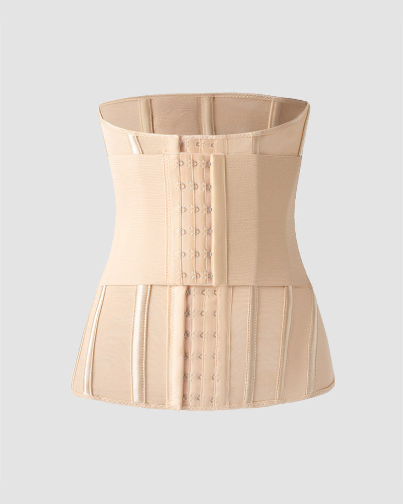 Apricot elongated waist corset with hook-and-eye front panels and boning channels
