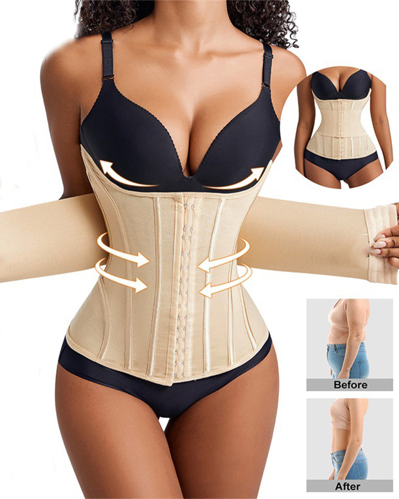 Apricot corset on model, underbust shaping, front hook-and-eye closure, corset boning