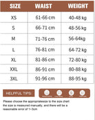 Waist corset size chart with waist and weight ranges for XS to 3XL