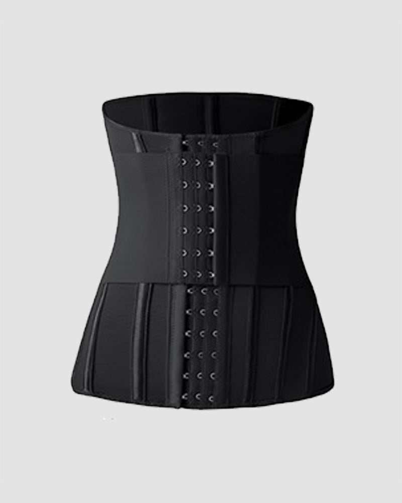 Black elongated waist corset with front hook-and-eye closure and vertical boning panels