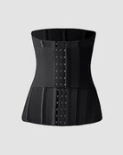 Black elongated waist corset with front hook-and-eye closure and vertical boning panels