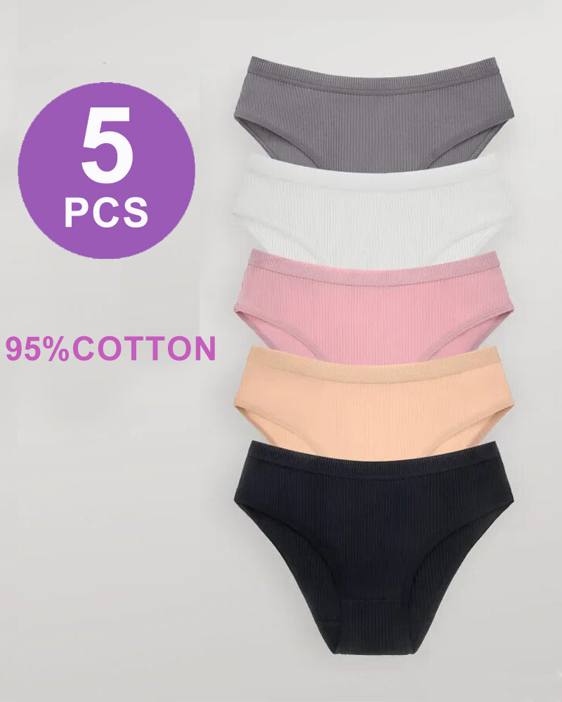 Ribbed mid-rise waist panties 5-pack in gray, white, pink, beige, and black