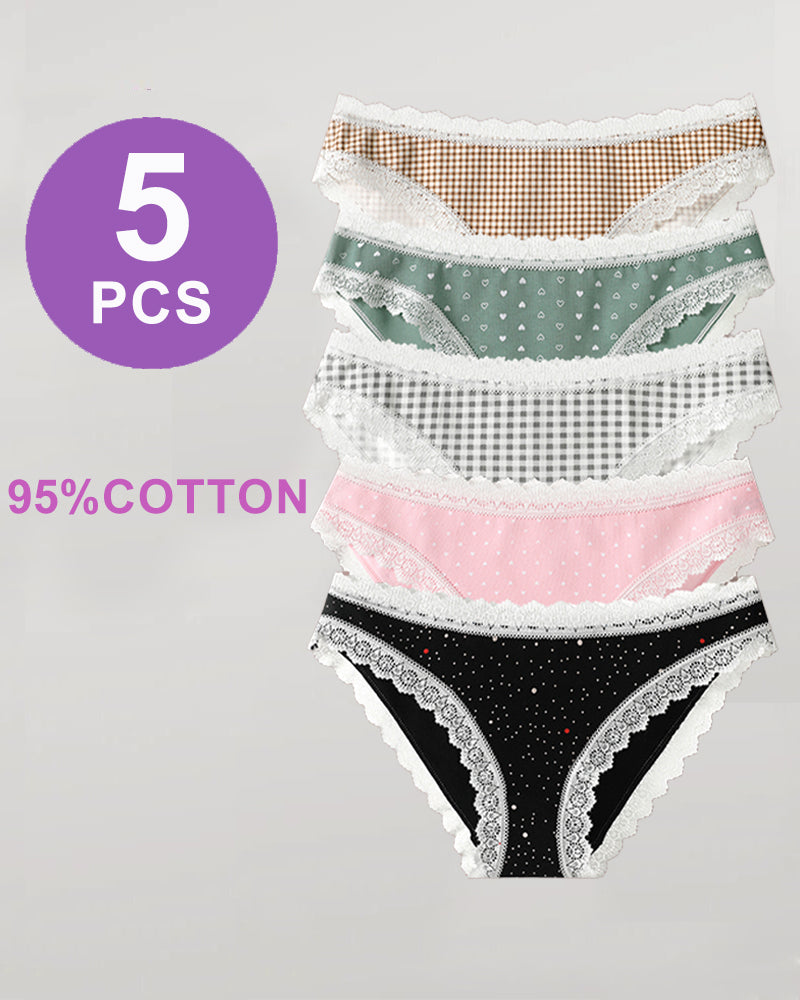 5-pack lace-edge printed panties with lace trim; assorted gingham, hearts, dots & stripes