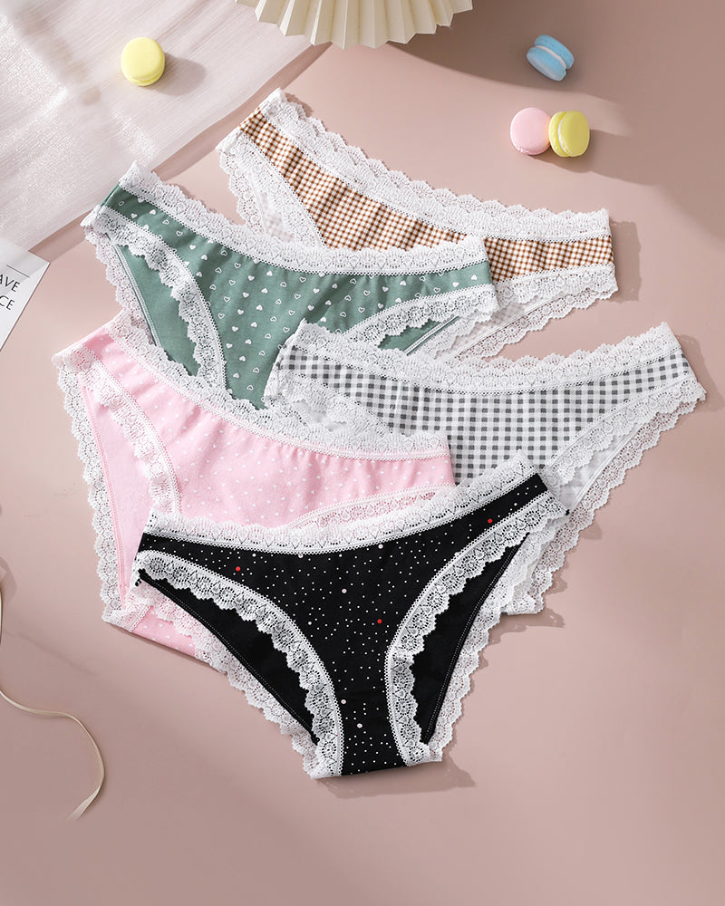 Lace-edge printed panties set with scalloped lace trim; mixed gingham, hearts, dots, pink