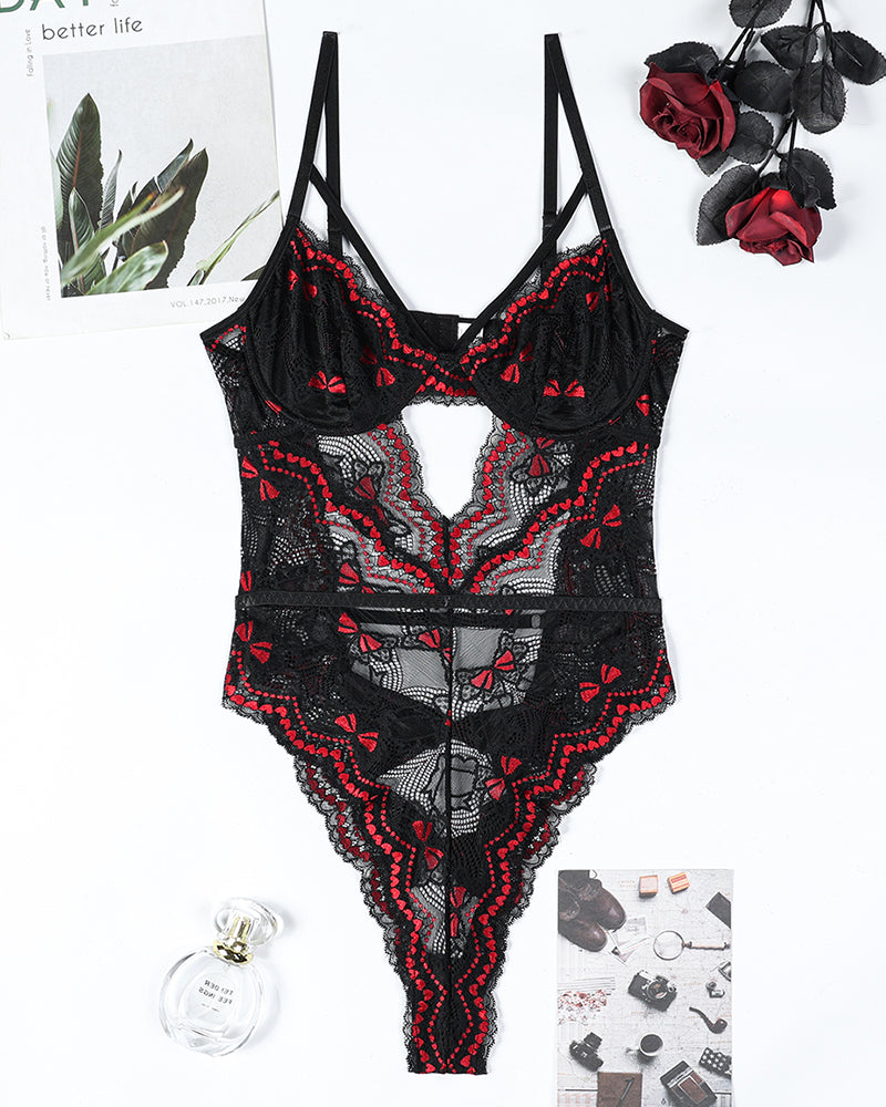Black embroidery lace bodysuit with red trim and thong bottom, front cutout
