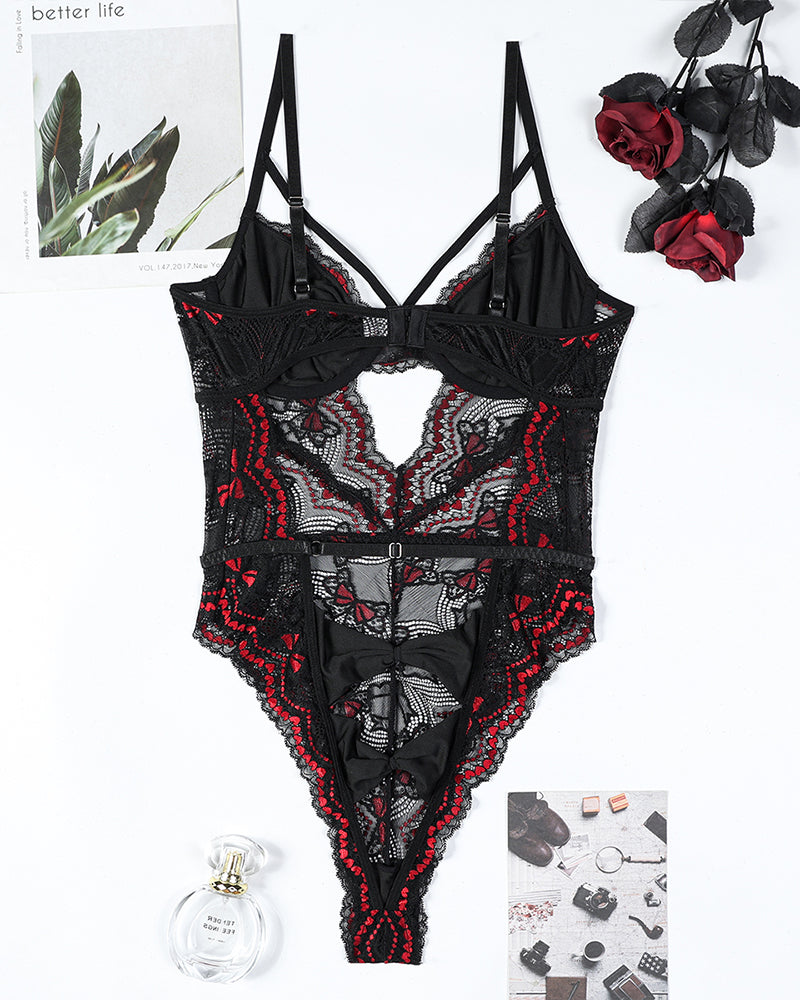 Black embroidery lace bodysuit with underwire cups, bow detail, thong bottom
