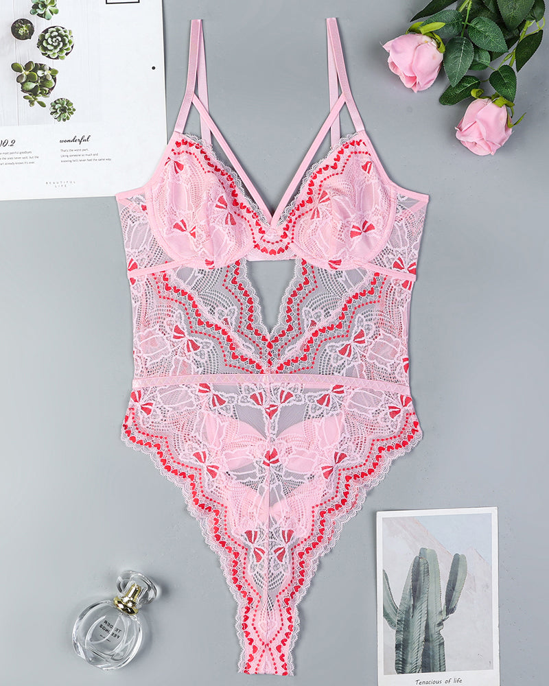 Pink embroidery lace bodysuit with underwire cups, thong bottom, front bow