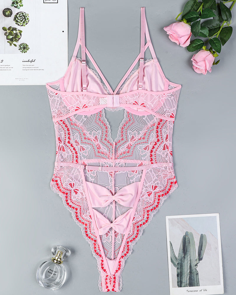 Pink embroidery lace bodysuit with plunge front and ribbon bow detail