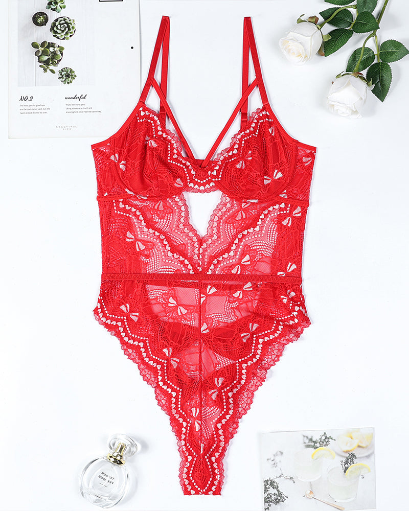 Red lace bodysuit with bow cutout, embroidered panels, and scalloped bikini-leg finish
