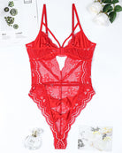Red lace bodysuit with back straps, bow cutout, and embroidered sheer panels