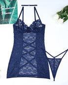 Navy blue lace chemise set with matching thong and crisscross back