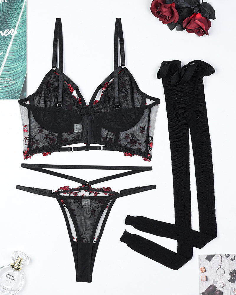 Wine red floral lingerie set: embroidered bra, thong, garters, and fishnet stockings