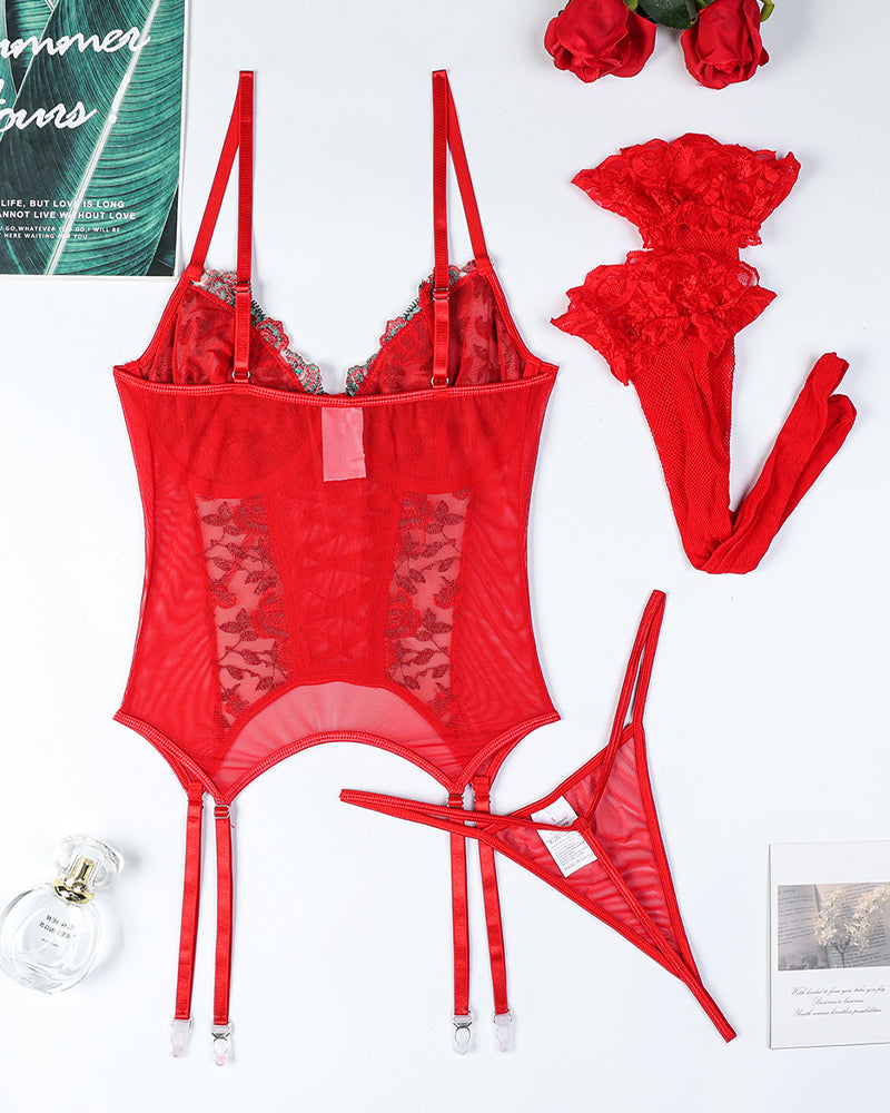Red mesh lace bustier bra set with garter straps and thong, flat lay pieces