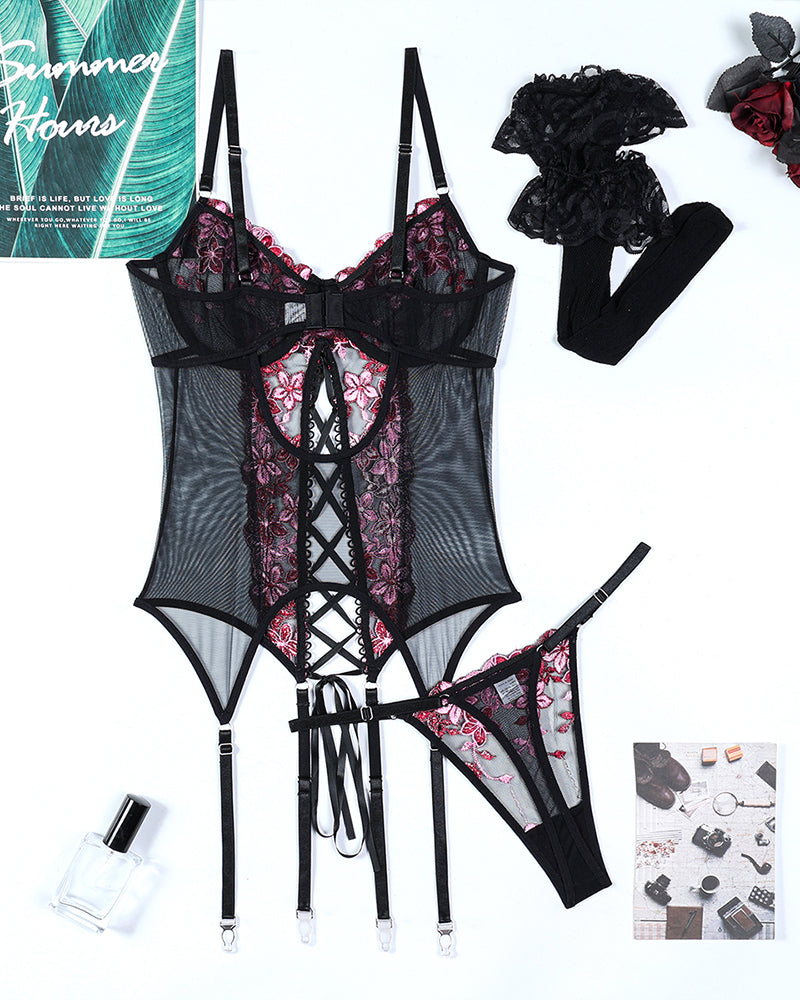 Embroidered corset bra set with floral trim, black mesh with suspenders and matching panties