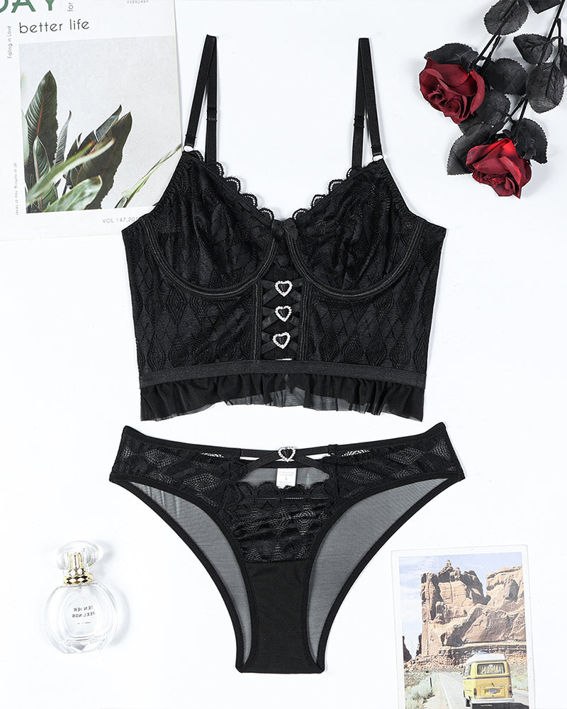 Black lace cross heart bra and thong set, ruffled bralette with heart button detail.