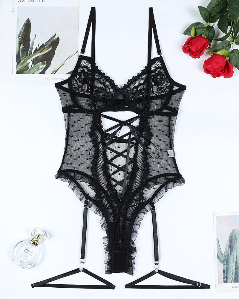 Black lace corset-style bodysuit with lace-up front and garter strap closures