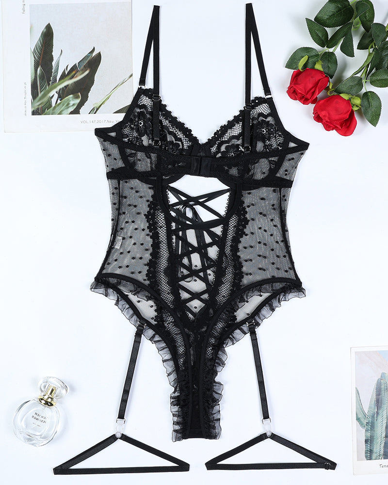 Black lace bodysuit with sheer mesh sides, lace-up front, and garter straps