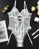 White lace corset bodysuit set with lace-up front and garter straps