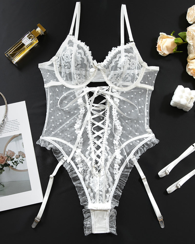 White lace corset bodysuit set with lace-up front and garter straps
