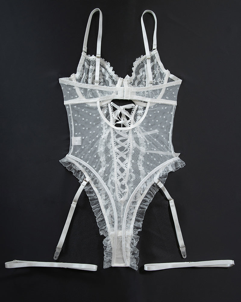 White lace bodysuit with lace-up center and adjustable garter straps