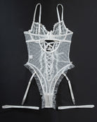 White lace bodysuit with lace-up center and adjustable garter straps