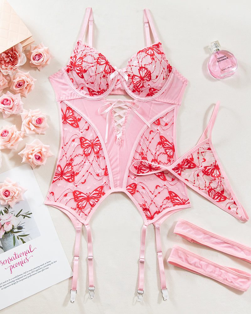 Pink lace corset bra set with red butterfly print and matching garter thong