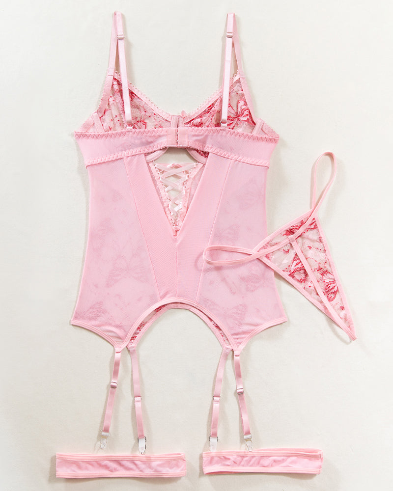 Pink lace corset bra set with red butterfly print and matching garter thong