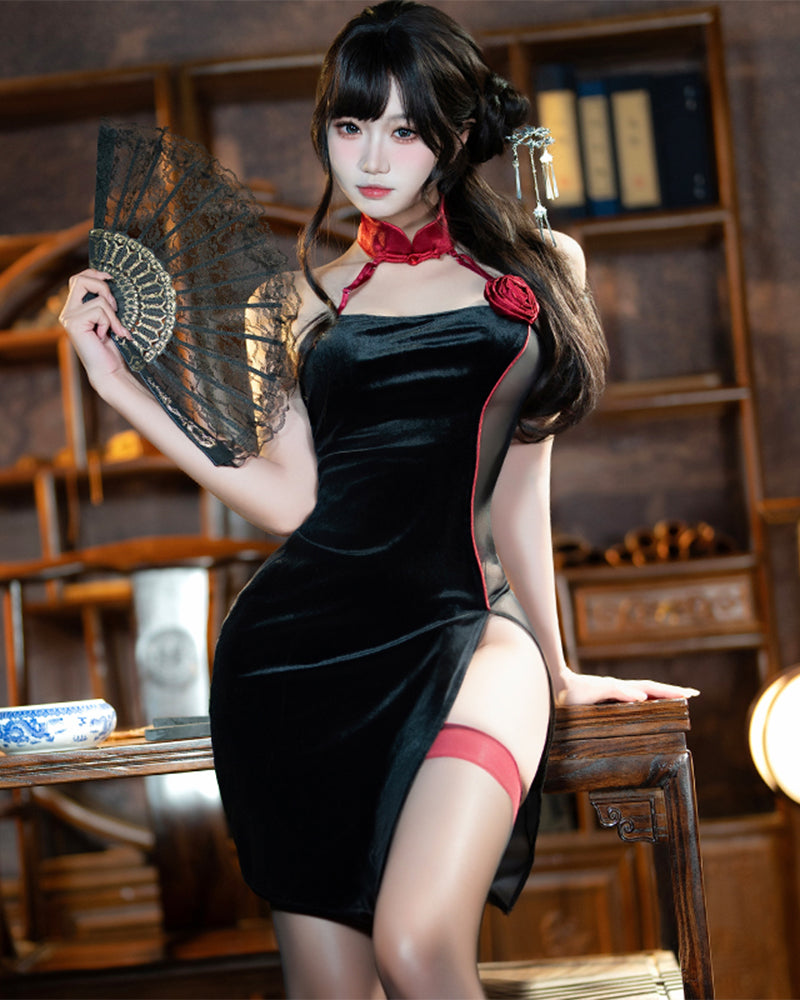Black halter neck cheongsam with red choker and rosette button, sheer mesh panels