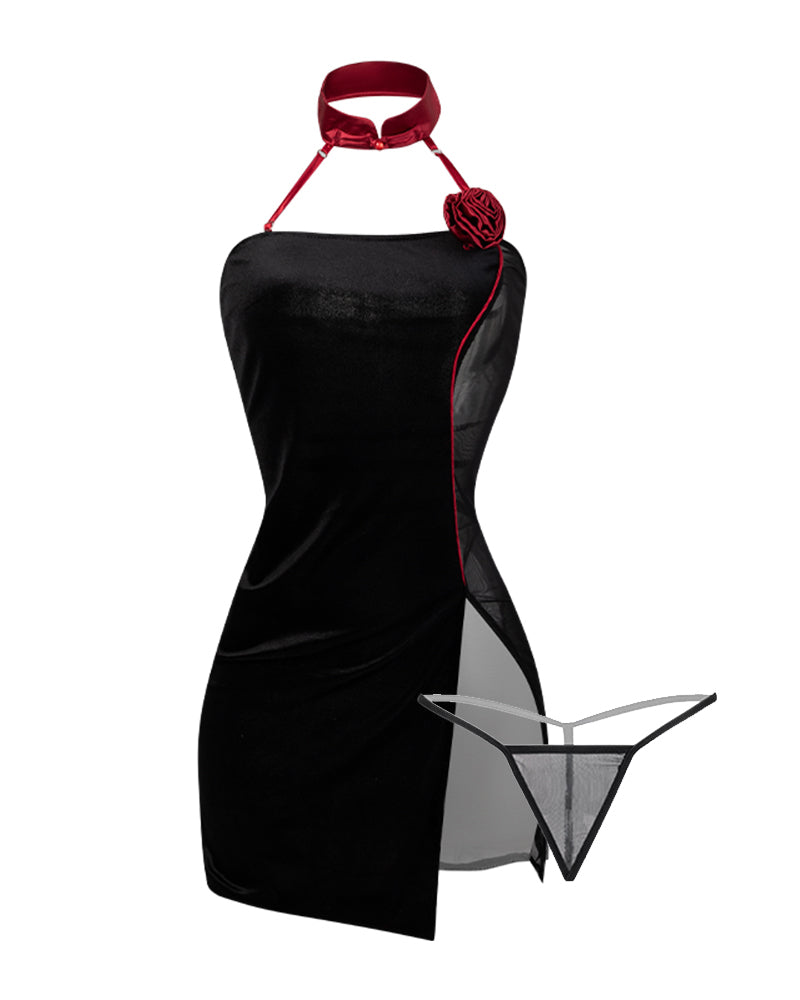 Black halter neck cheongsam with red trim, button rosette, sheer side panels