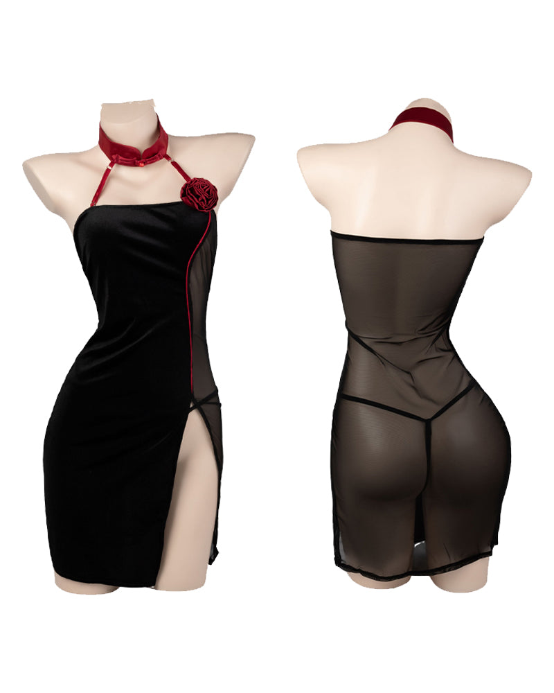 Black halter cheongsam with red choker and rosette button, sheer back and side panels
